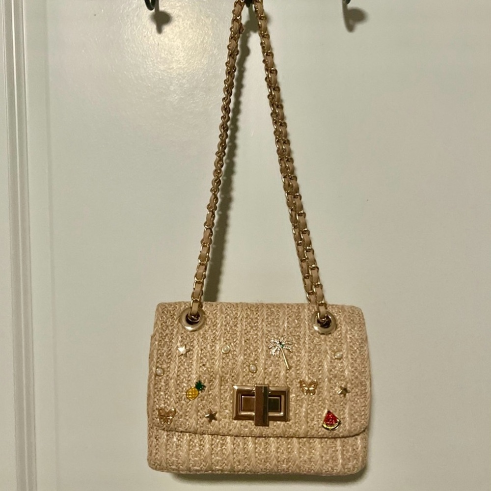 Aldo Beige Quilted Shoulder Bag with Gold Chain and Jewel Accents